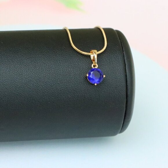 "Round Blue Stone Pendant in Gold Plated Brass – Dainty Everyday Charm, XPPT1758 - Picture 4 of 13